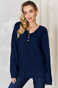 Ribbed Long Sleeve T-Shirt with Half Button Detail