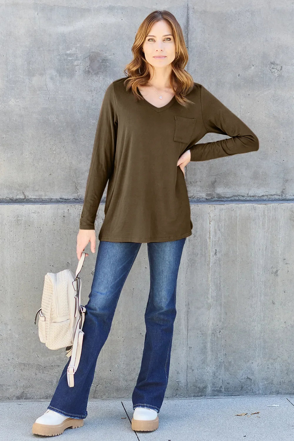 Essential V-Neck Long Sleeve Top in Full Size