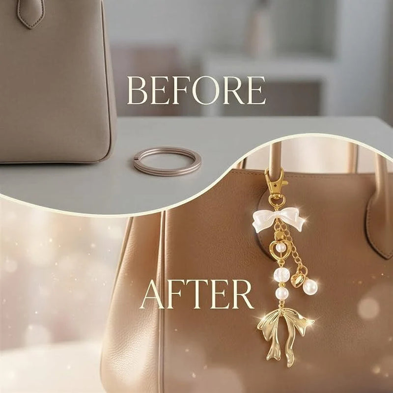 Set of 6 Gold Pearl Bow Keychains with Metal Charms and Organza Bags for Wedding and Bridal Shower Favors