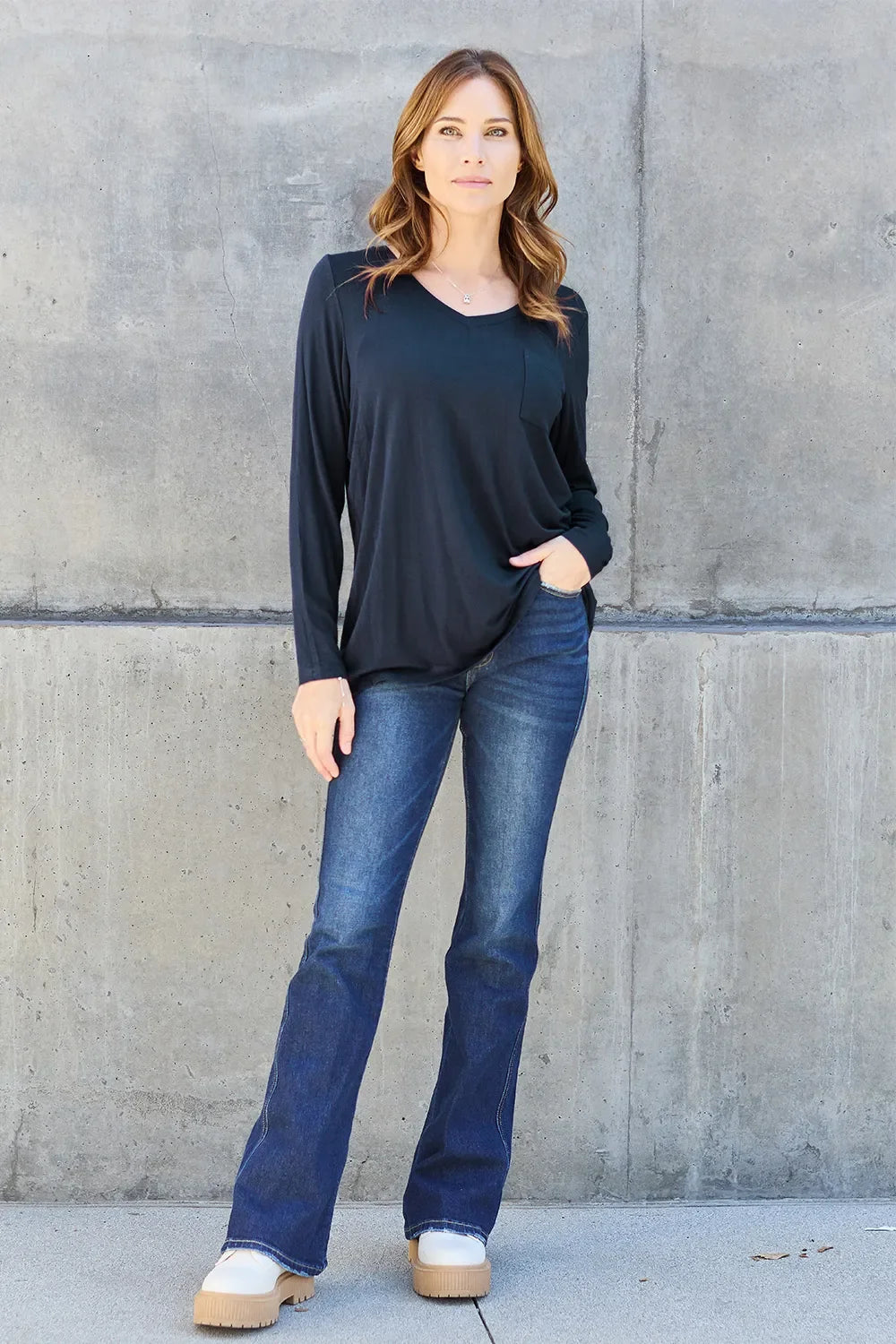 Essential V-Neck Long Sleeve Top in Full Size