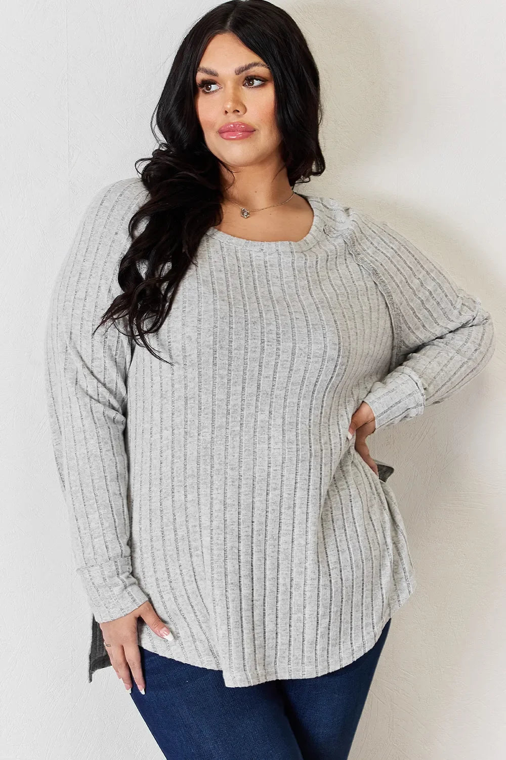 Basic Bae Full Size Ribbed round Neck Slit T-Shirt