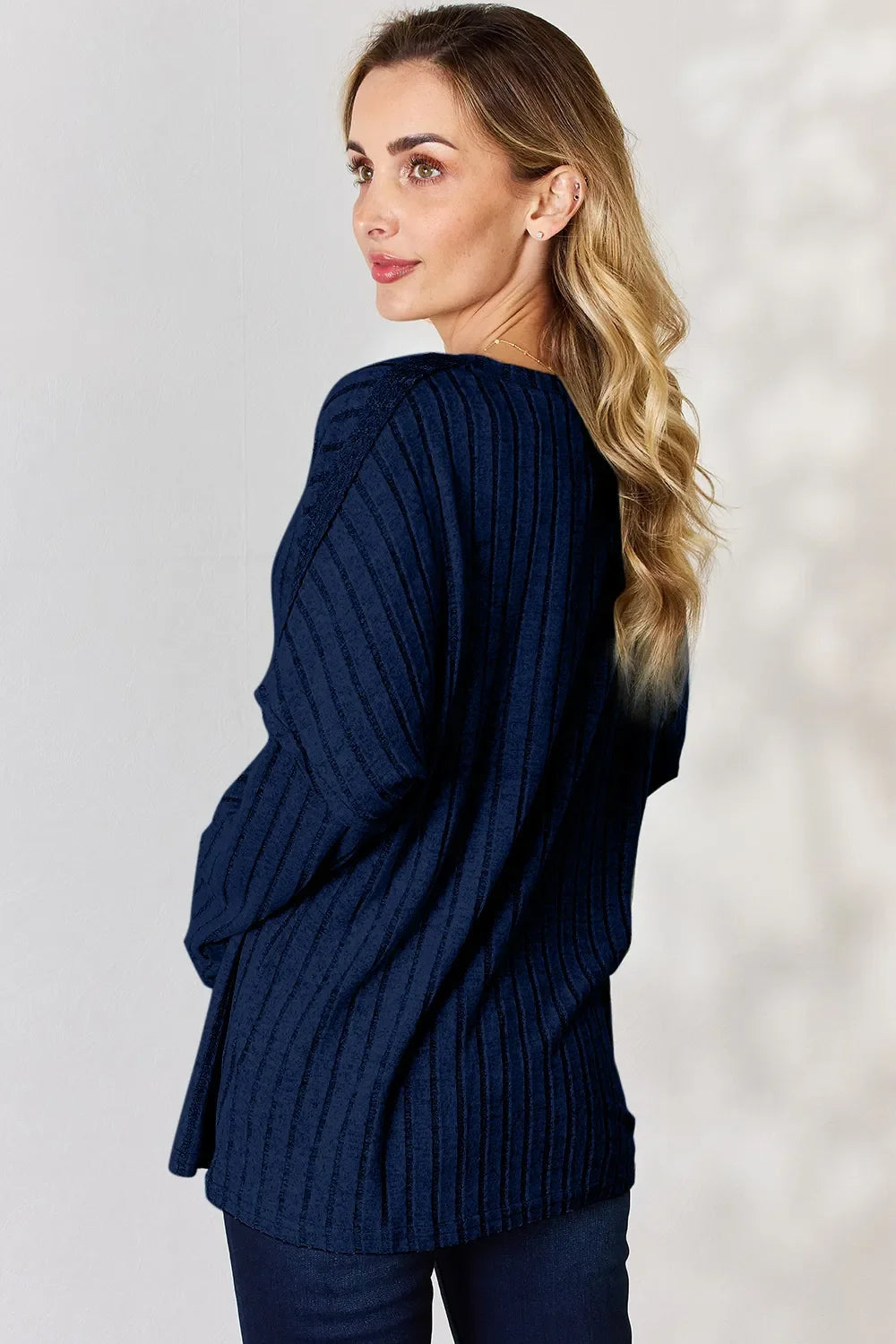 Ribbed Long Sleeve T-Shirt with Half Button Detail