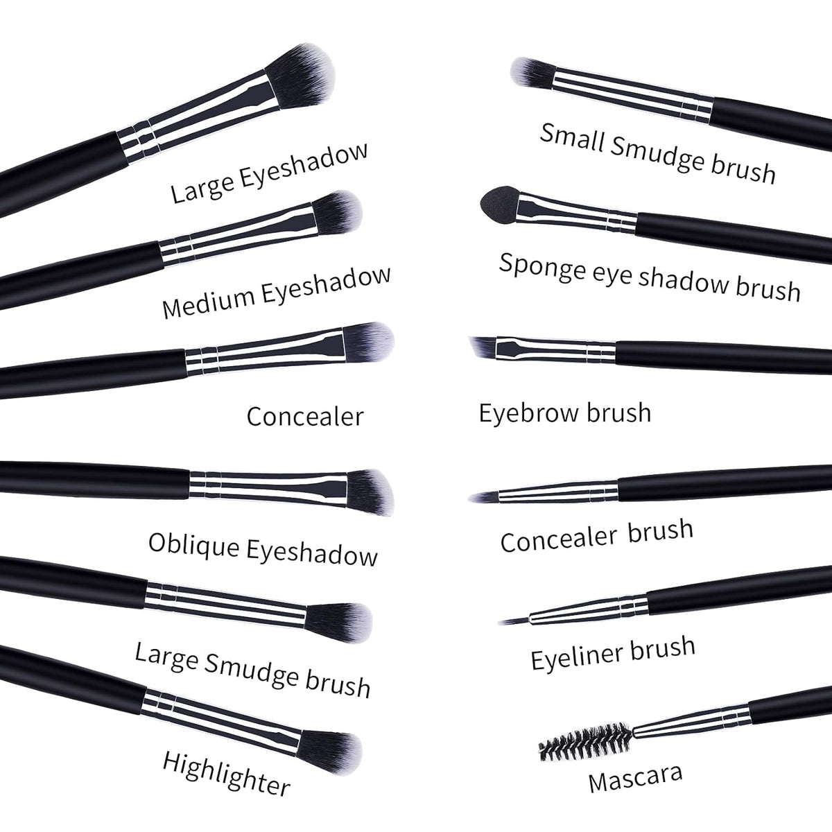 12-Piece Professional Eye Makeup Brush Set with Soft Synthetic Bristles and Extended Wooden Handles for Eyeshadow, Eyelash, Eyebrow, Eyeliner, Blending, and Concealer (Black)