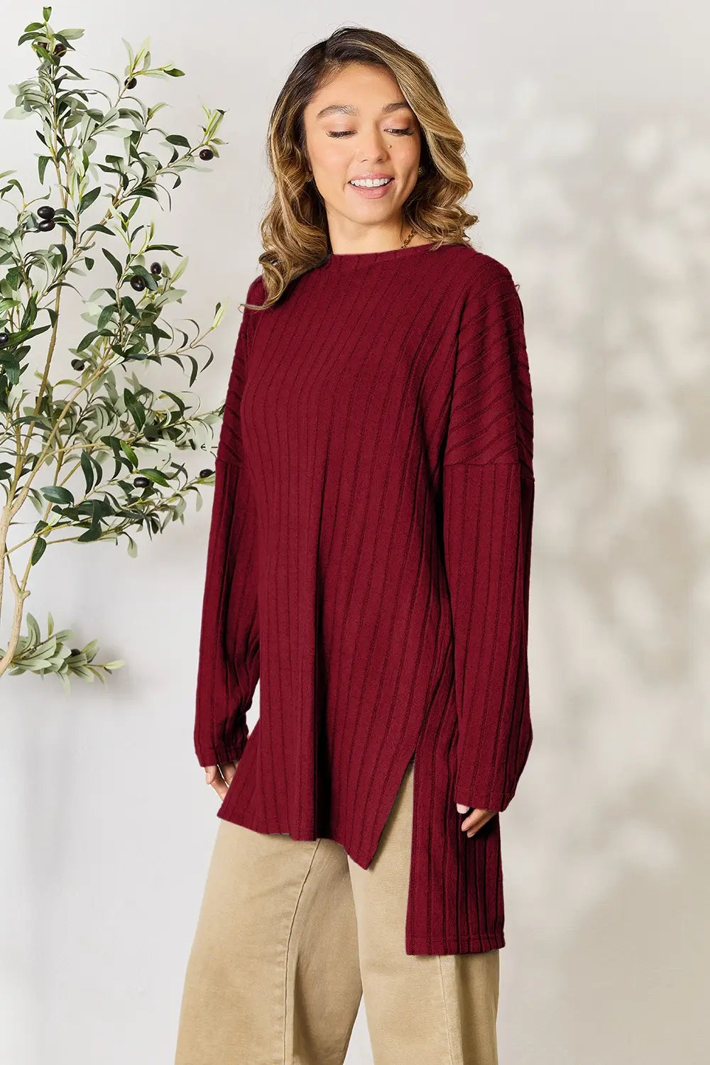 Basic Bae Full Size Ribbed round Neck Long Sleeve Slit Top