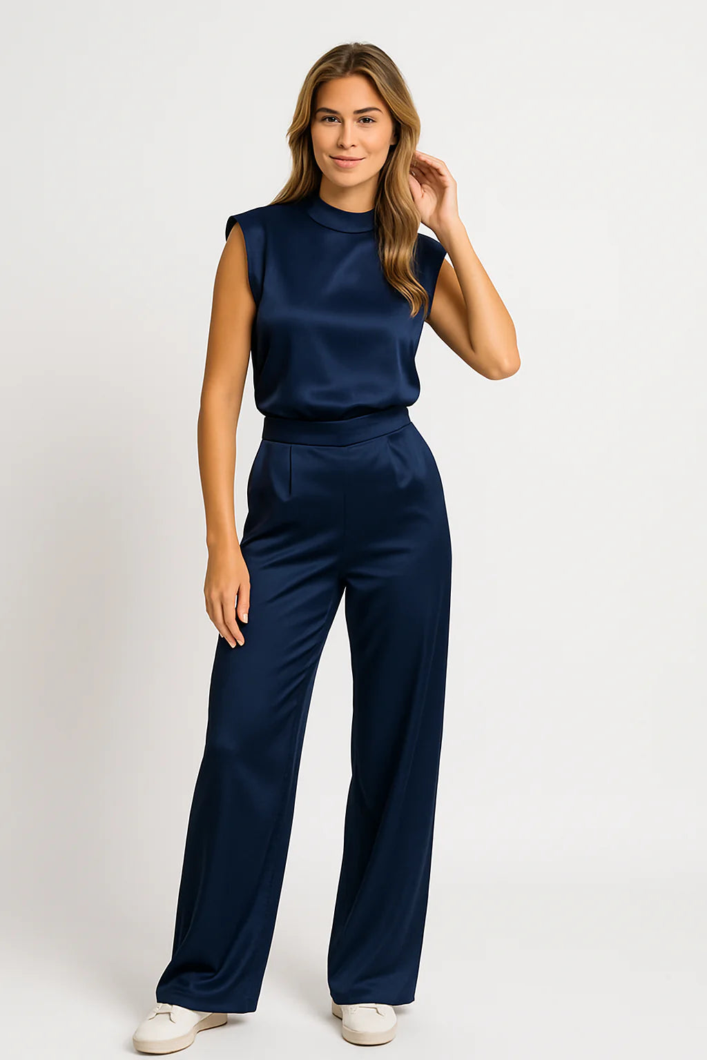 Catharina Women's Jumpsuit – Luxe Satin Finish, Sleeveless, Wide Leg, Open Back
