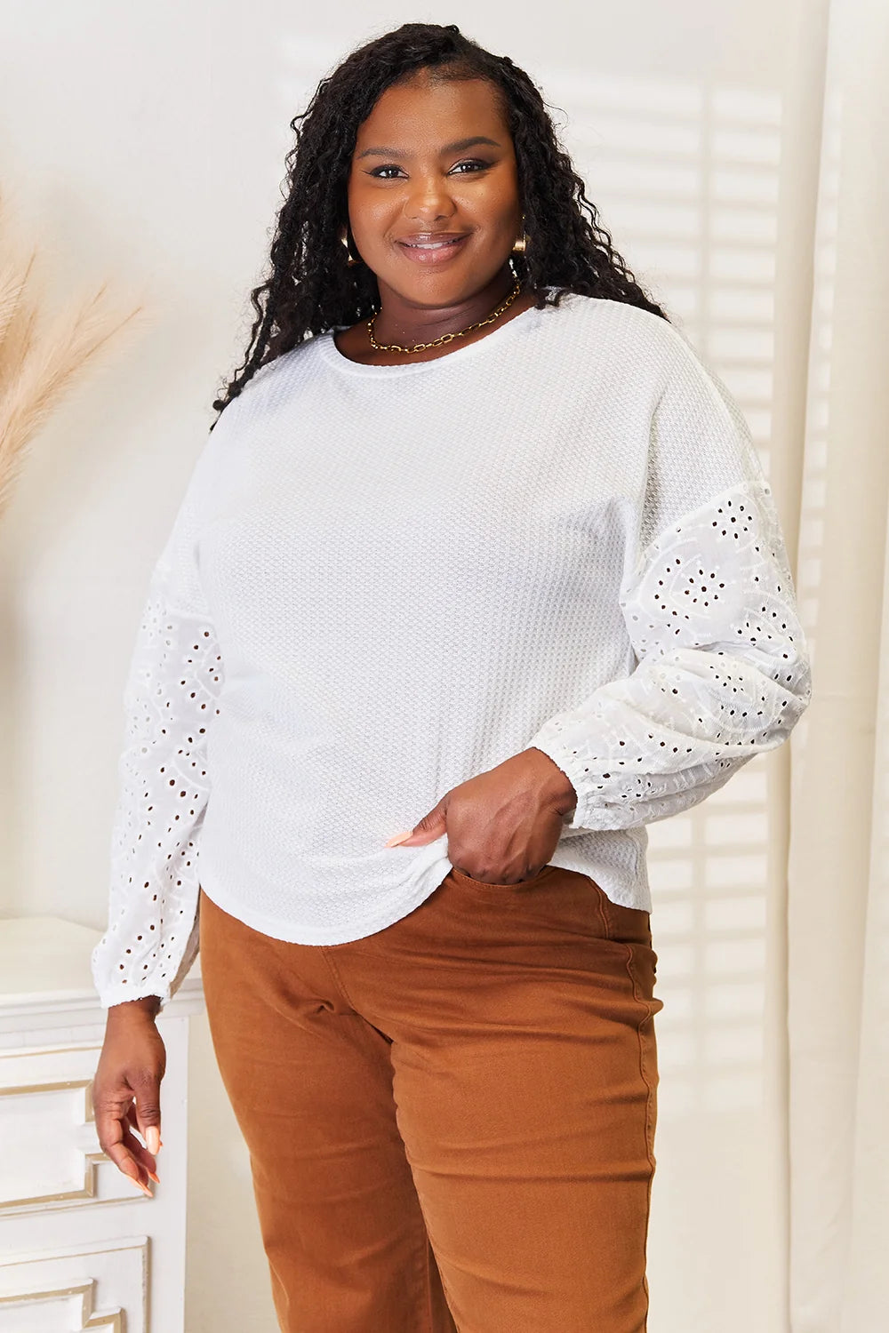 Shiny Eyelet Dropped Shoulder round Neck Blouse