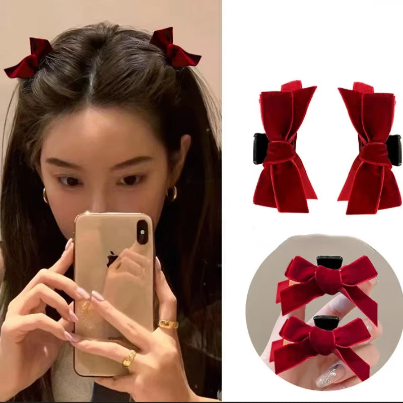 Set of 2 Black and Red Velvet Bowknot Hair Claw Clips - Korean-Inspired Hair Accessories for Styling and Bangs