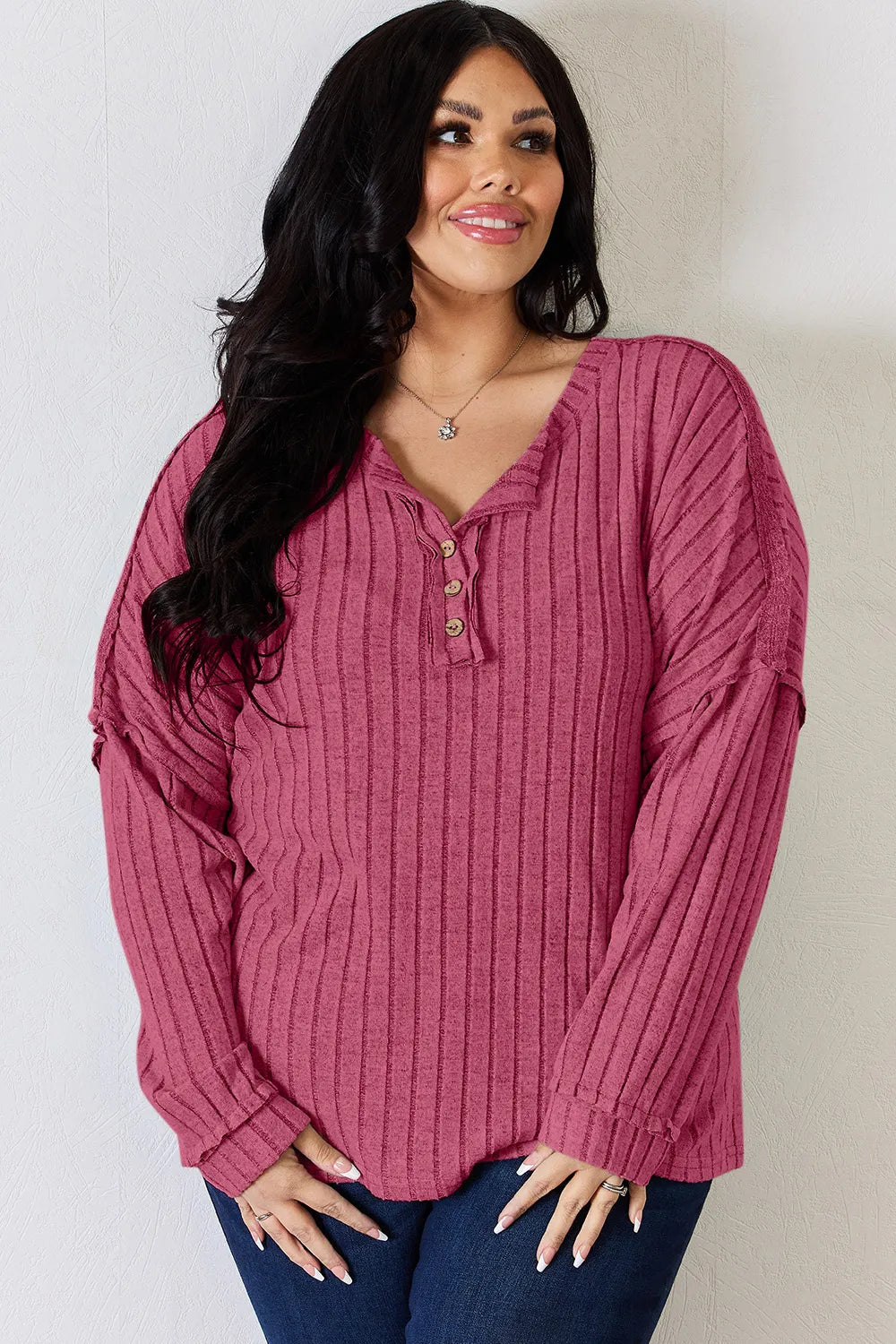 Ribbed Long Sleeve T-Shirt with Half Button Detail
