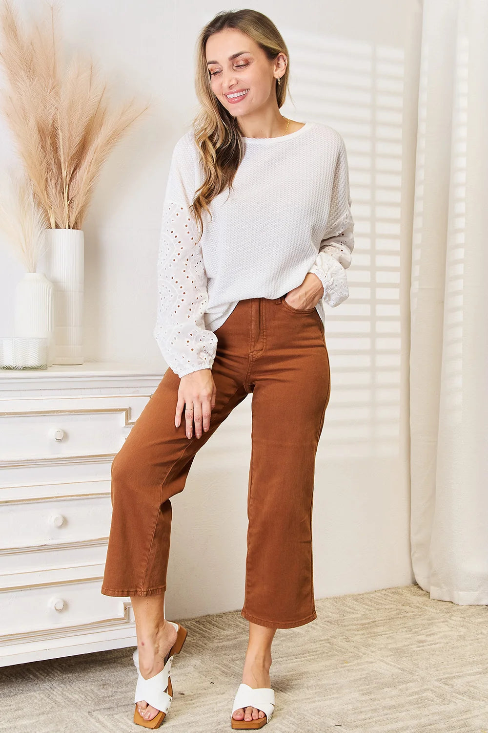 Shiny Eyelet Dropped Shoulder round Neck Blouse