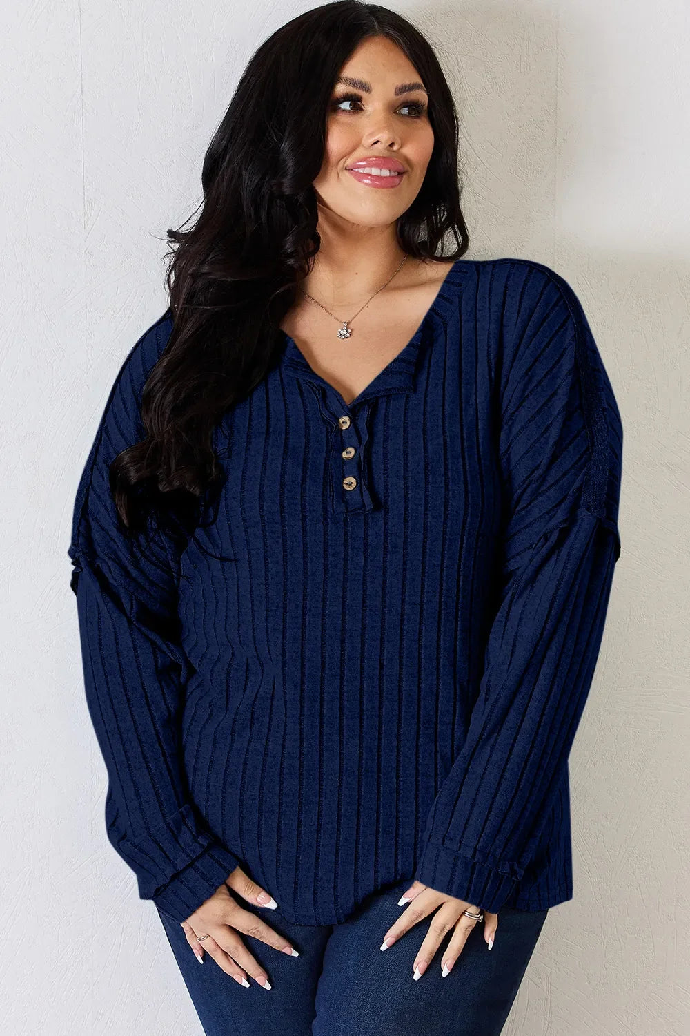 Ribbed Long Sleeve T-Shirt with Half Button Detail
