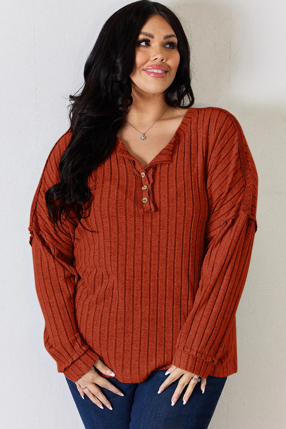 Ribbed Long Sleeve T-Shirt with Half Button Detail