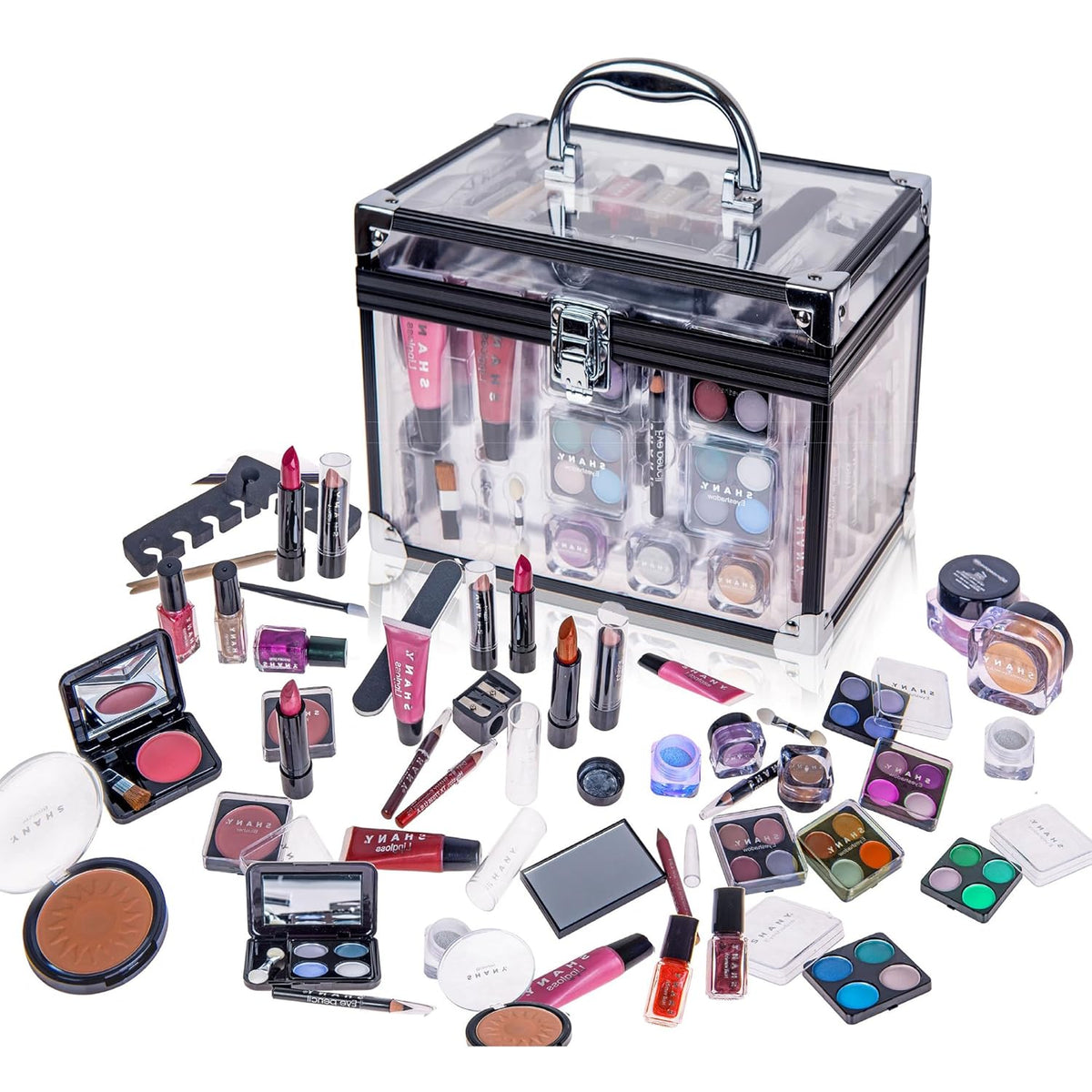 Professional Makeup Train Case with Reusable Aluminum Organizer - Complete Set with Eye Palettes, Blushes, Face Powders, Manicure and Pedicure Tools, and Cosmetic Brushes - Ideal Gift Set