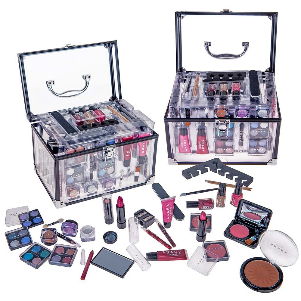 Professional Makeup Train Case with Reusable Aluminum Organizer - Complete Set with Eye Palettes, Blushes, Face Powders, Manicure and Pedicure Tools, and Cosmetic Brushes - Ideal Gift Set