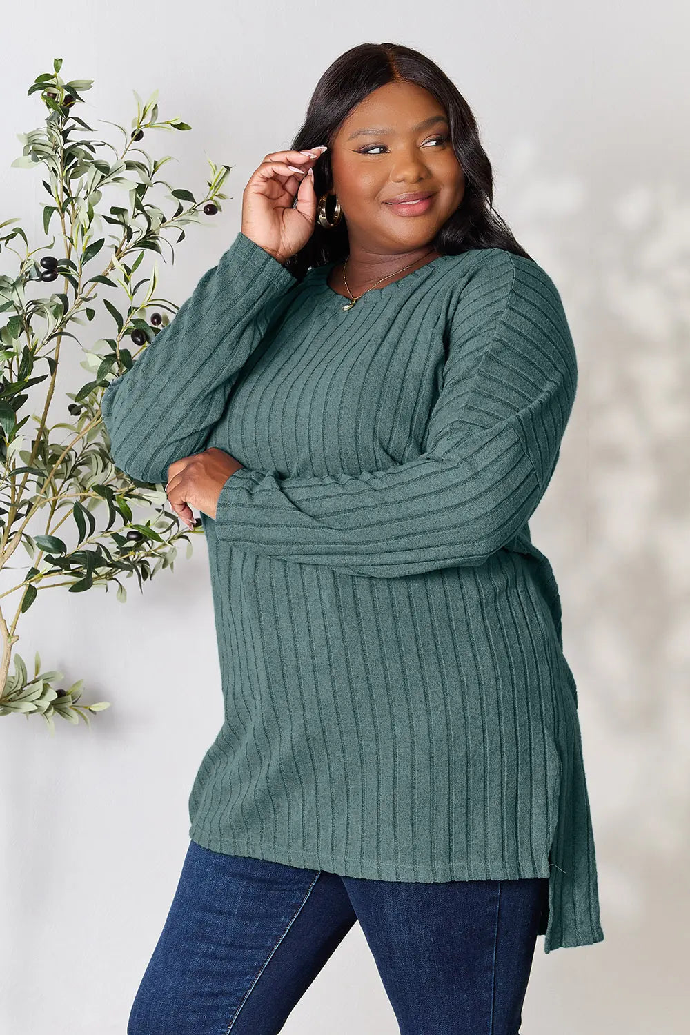 Basic Bae Full Size Ribbed round Neck Long Sleeve Slit Top
