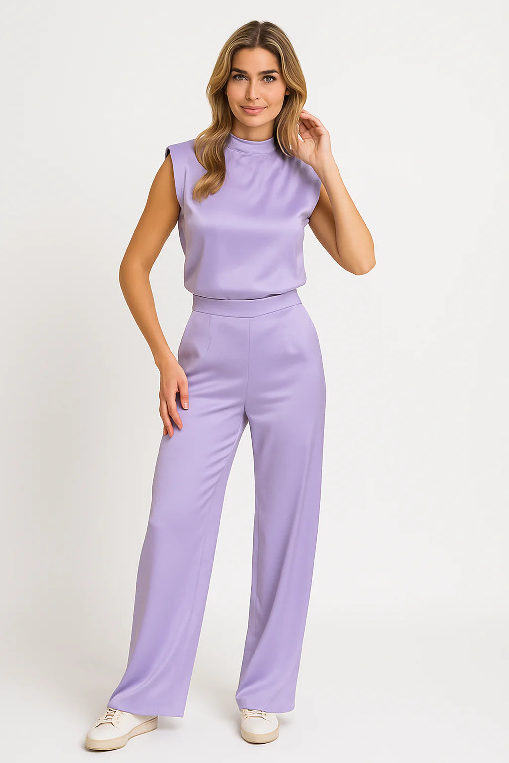 Catharina Women's Jumpsuit – Luxe Satin Finish, Sleeveless, Wide Leg, Open Back