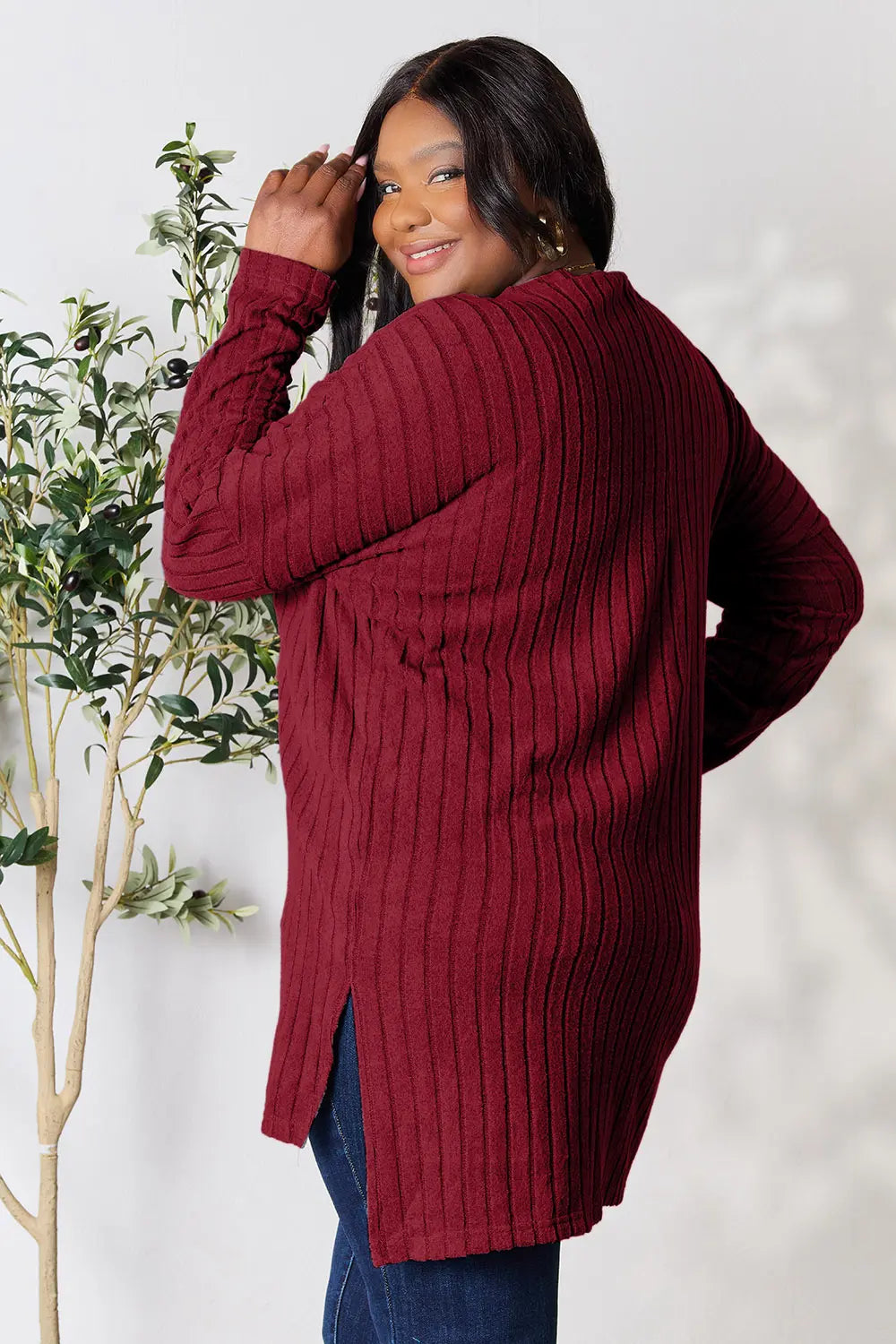 Basic Bae Full Size Ribbed round Neck Long Sleeve Slit Top