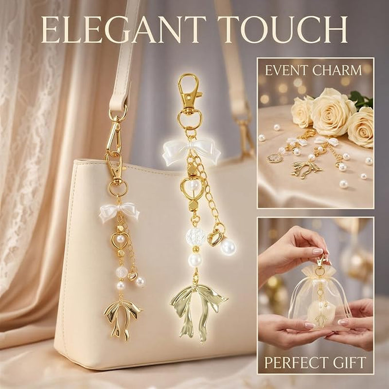 Set of 6 Gold Pearl Bow Keychains with Metal Charms and Organza Bags for Wedding and Bridal Shower Favors