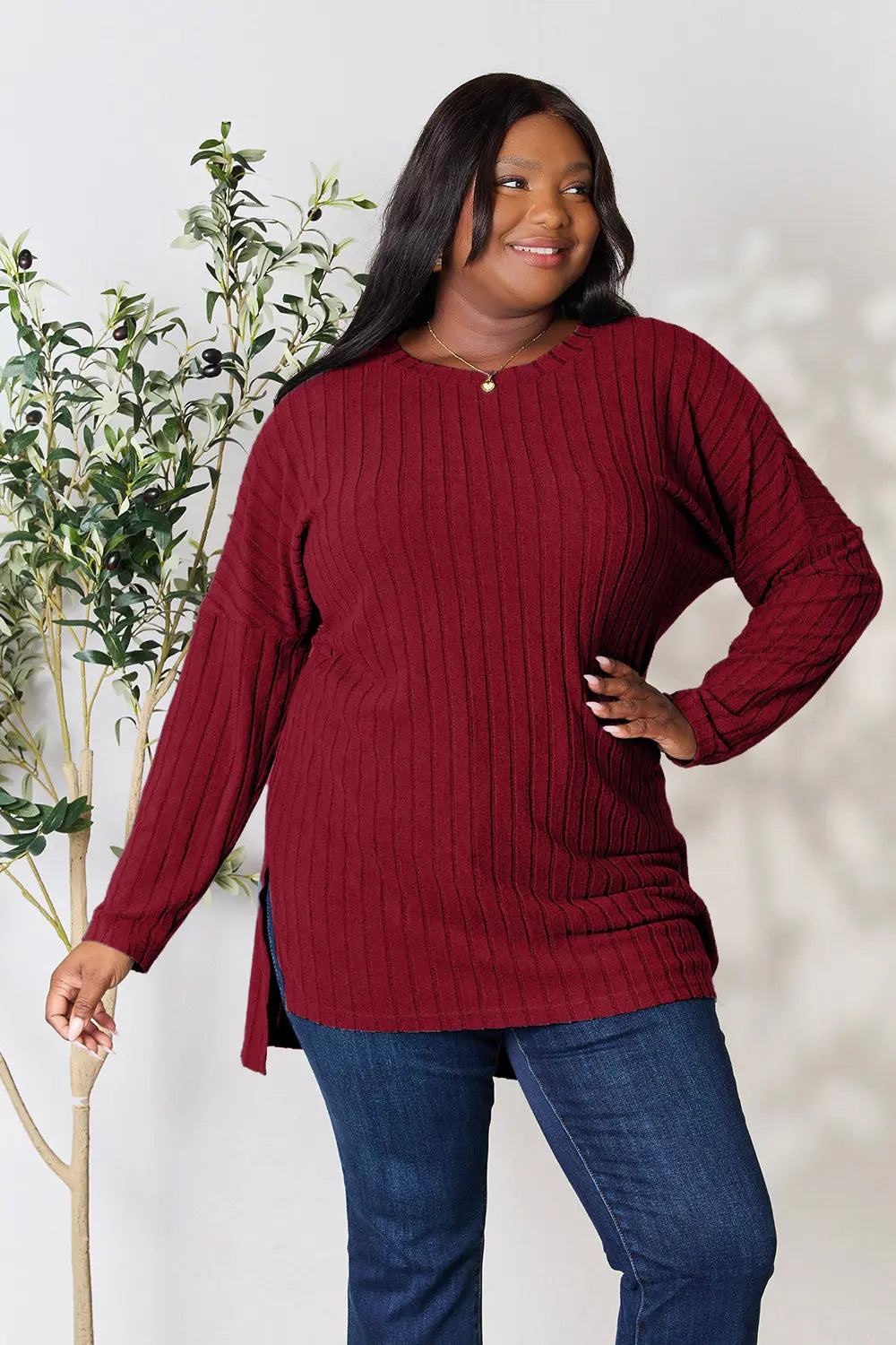 Basic Bae Full Size Ribbed round Neck Long Sleeve Slit Top