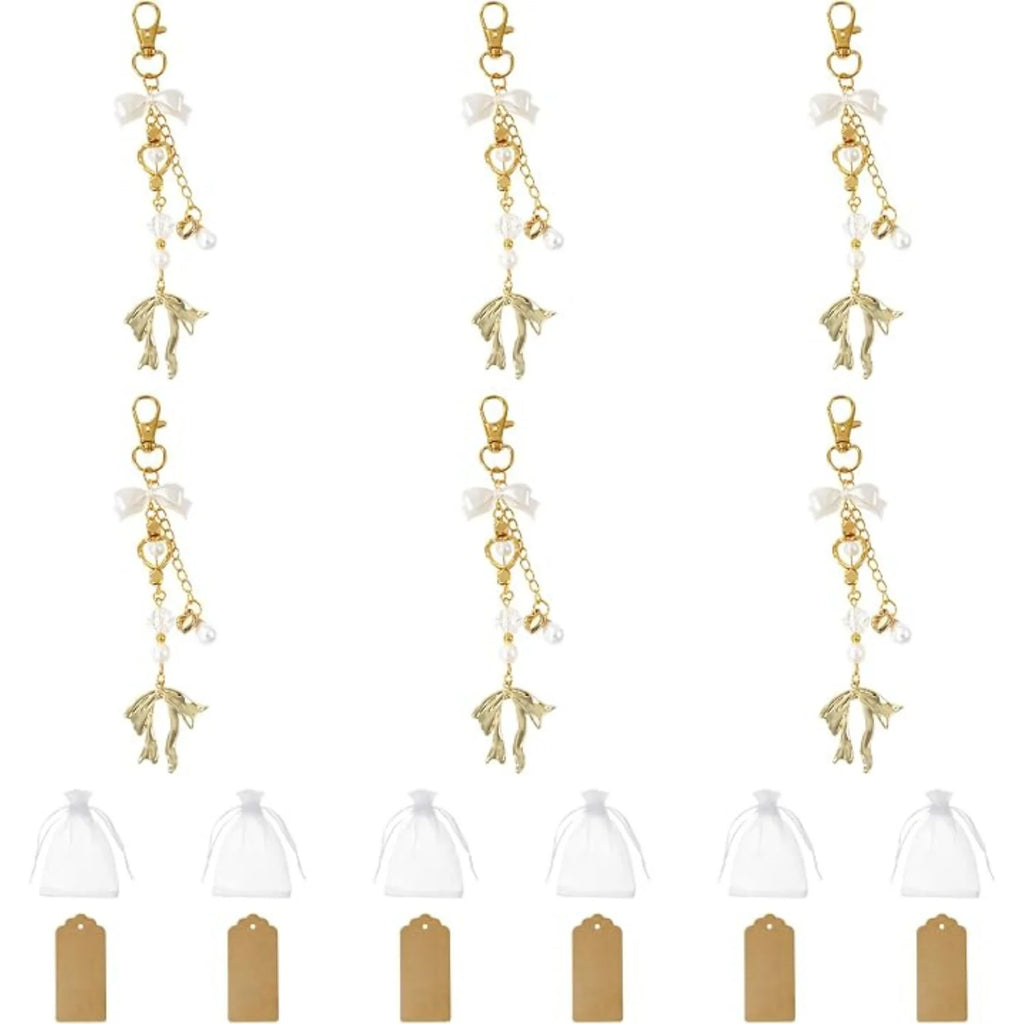 Set of 6 Gold Pearl Bow Keychains with Metal Charms and Organza Bags for Wedding and Bridal Shower Favors