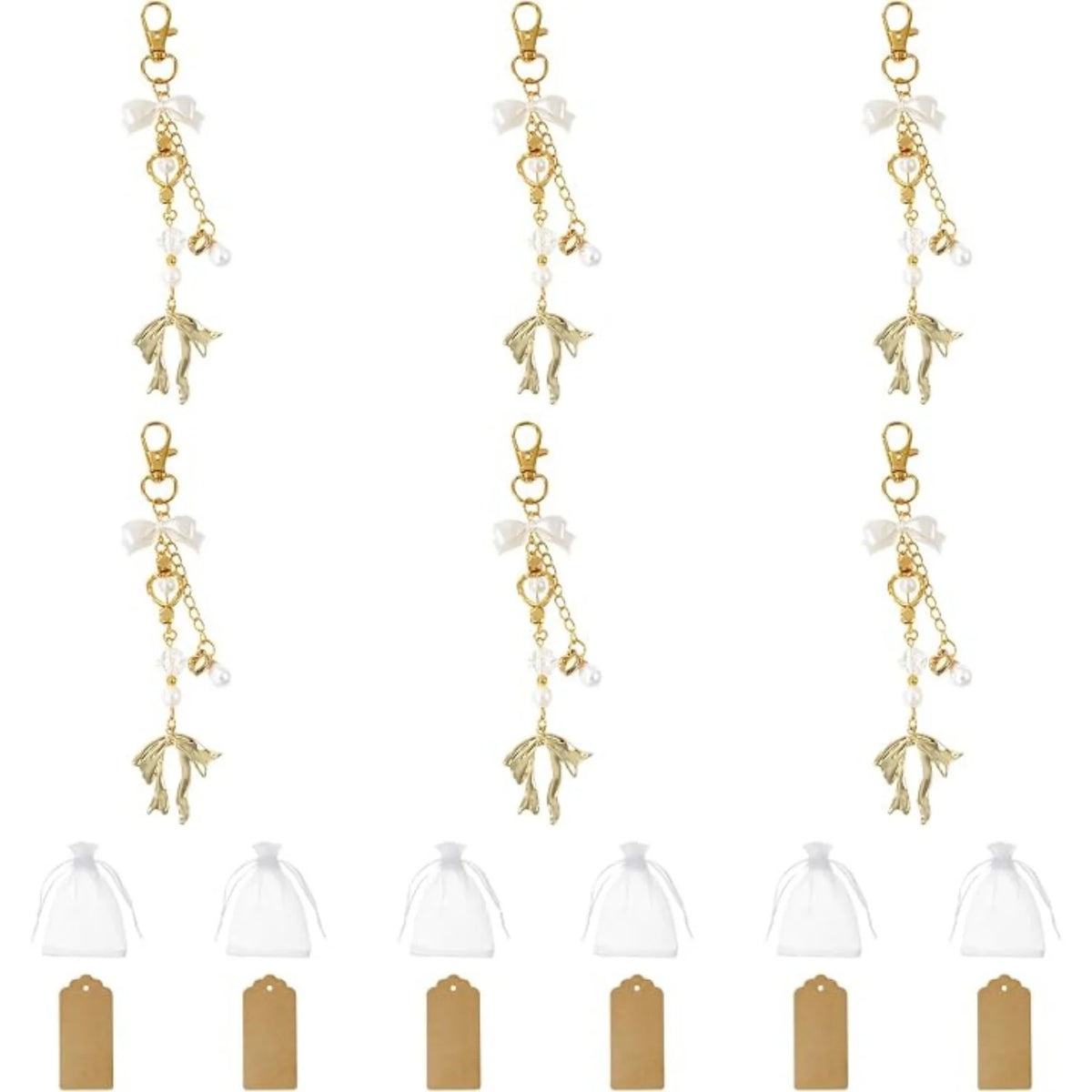 Set of 6 Gold Pearl Bow Keychains with Metal Charms and Organza Bags for Wedding and Bridal Shower Favors