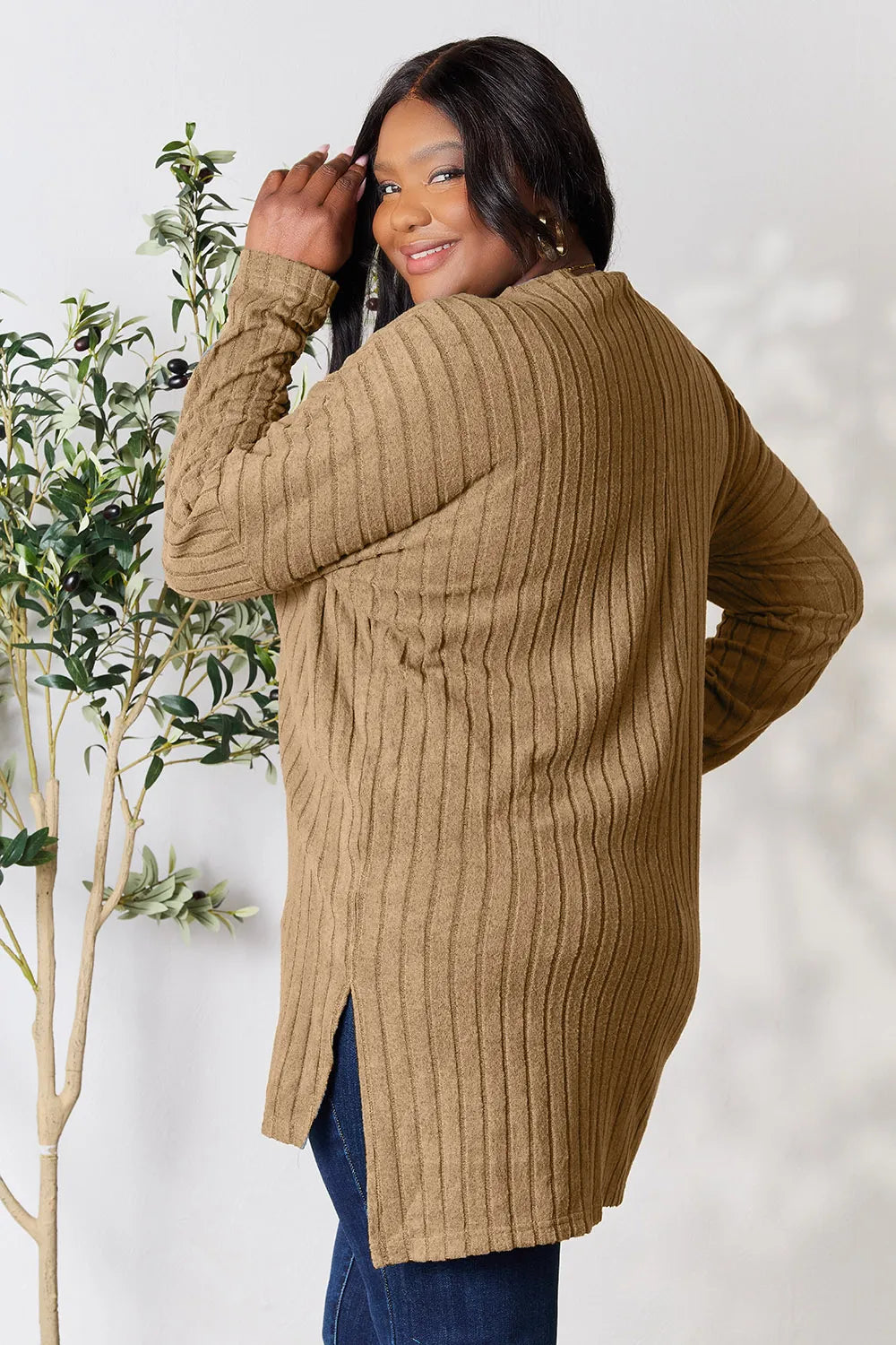 Basic Bae Full Size Ribbed round Neck Long Sleeve Slit Top