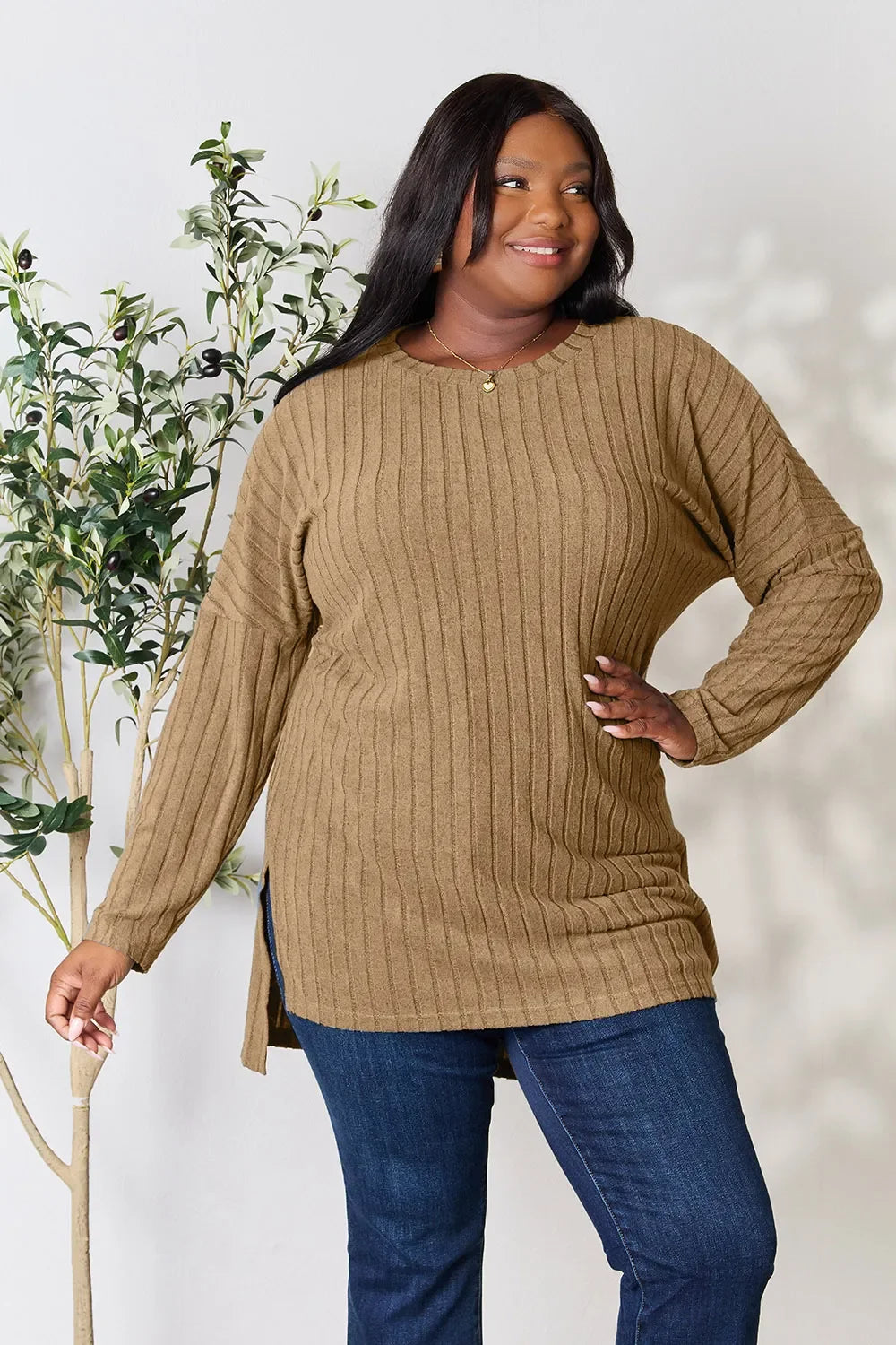 Basic Bae Full Size Ribbed round Neck Long Sleeve Slit Top