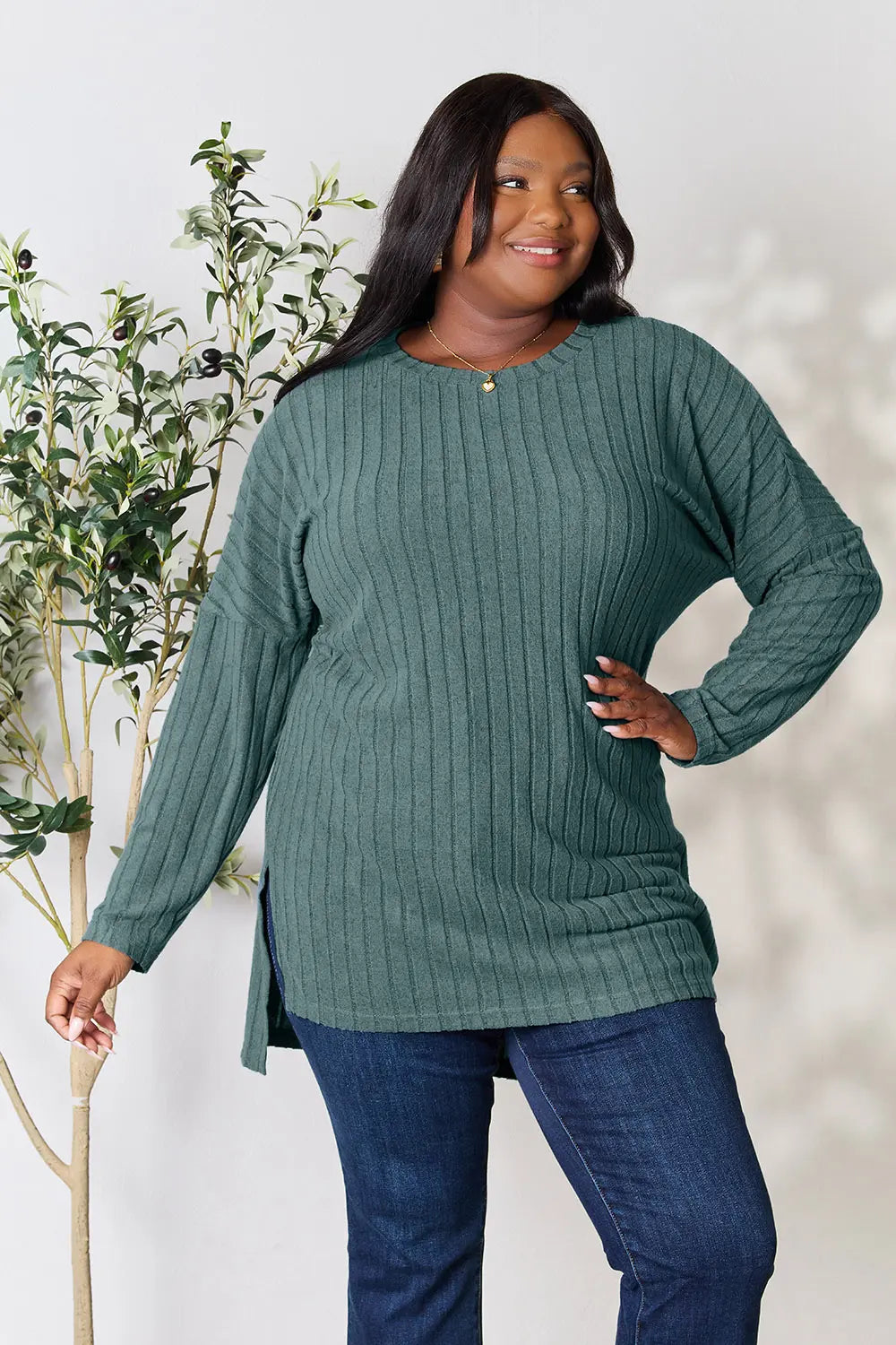 Basic Bae Full Size Ribbed round Neck Long Sleeve Slit Top