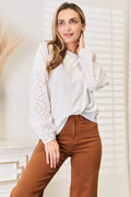 Shiny Eyelet Dropped Shoulder round Neck Blouse