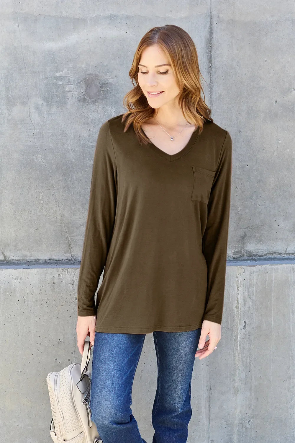 Essential V-Neck Long Sleeve Top in Full Size