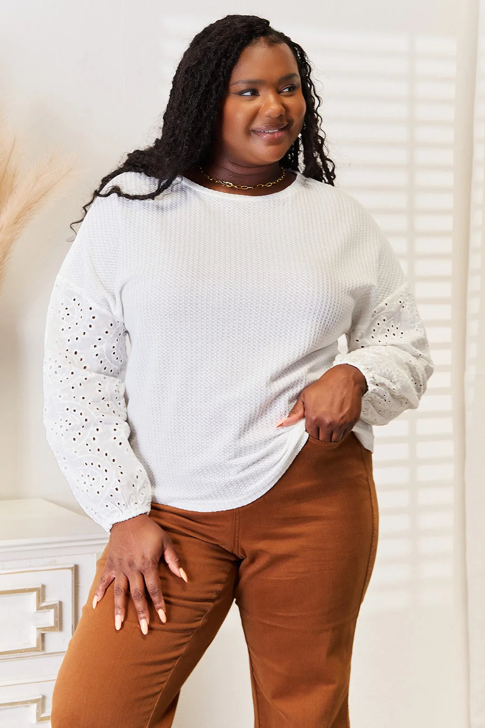 Shiny Eyelet Dropped Shoulder round Neck Blouse