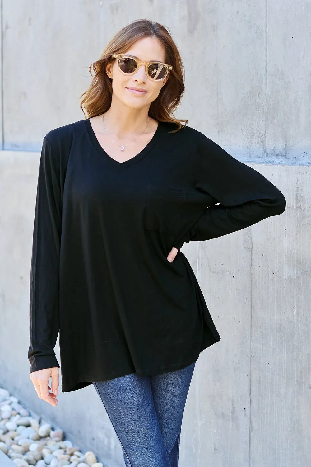 Essential V-Neck Long Sleeve Top in Full Size