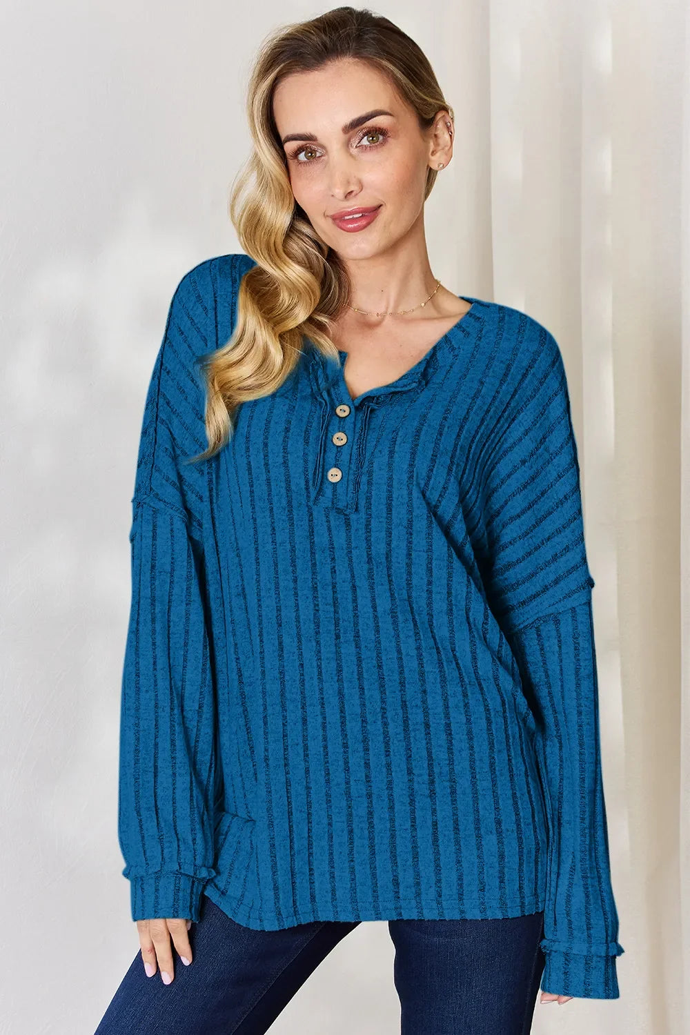 Ribbed Long Sleeve T-Shirt with Half Button Detail