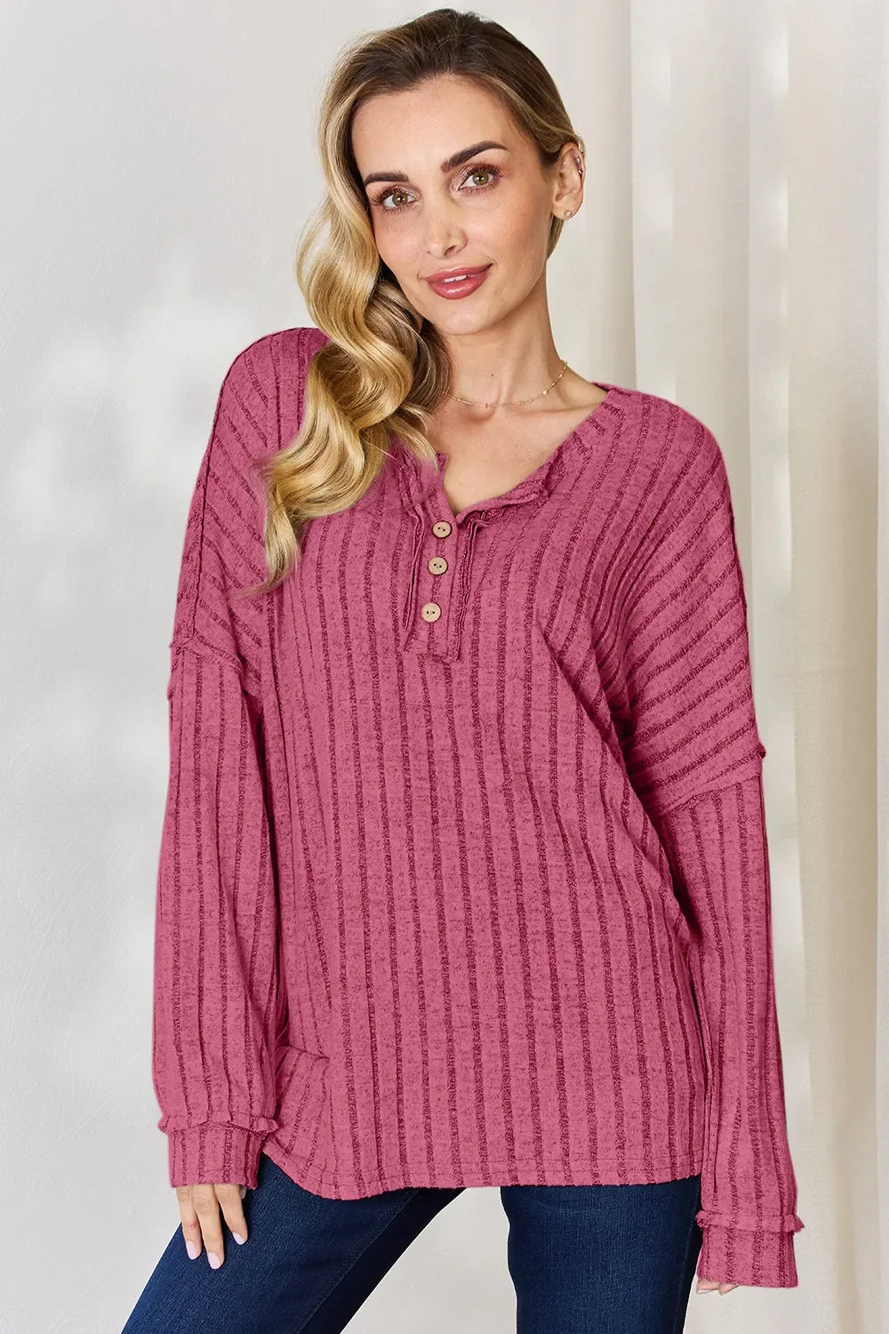 Ribbed Long Sleeve T-Shirt with Half Button Detail