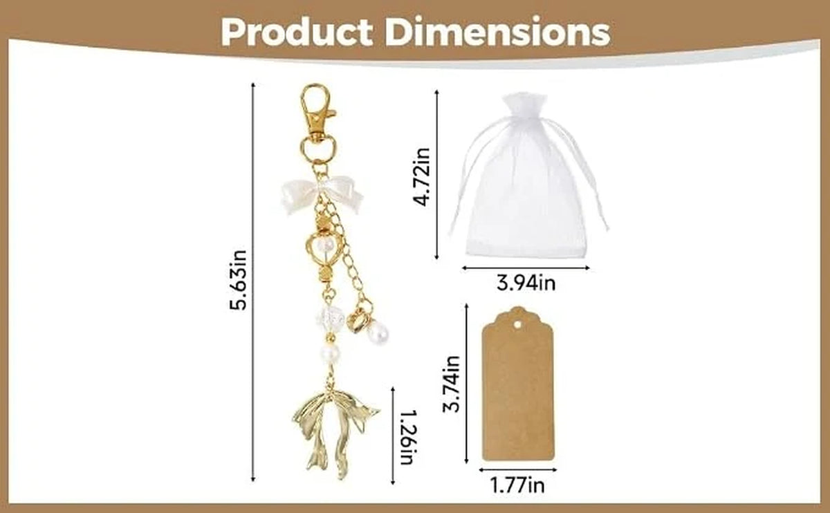 Set of 6 Gold Pearl Bow Keychains with Metal Charms and Organza Bags for Wedding and Bridal Shower Favors