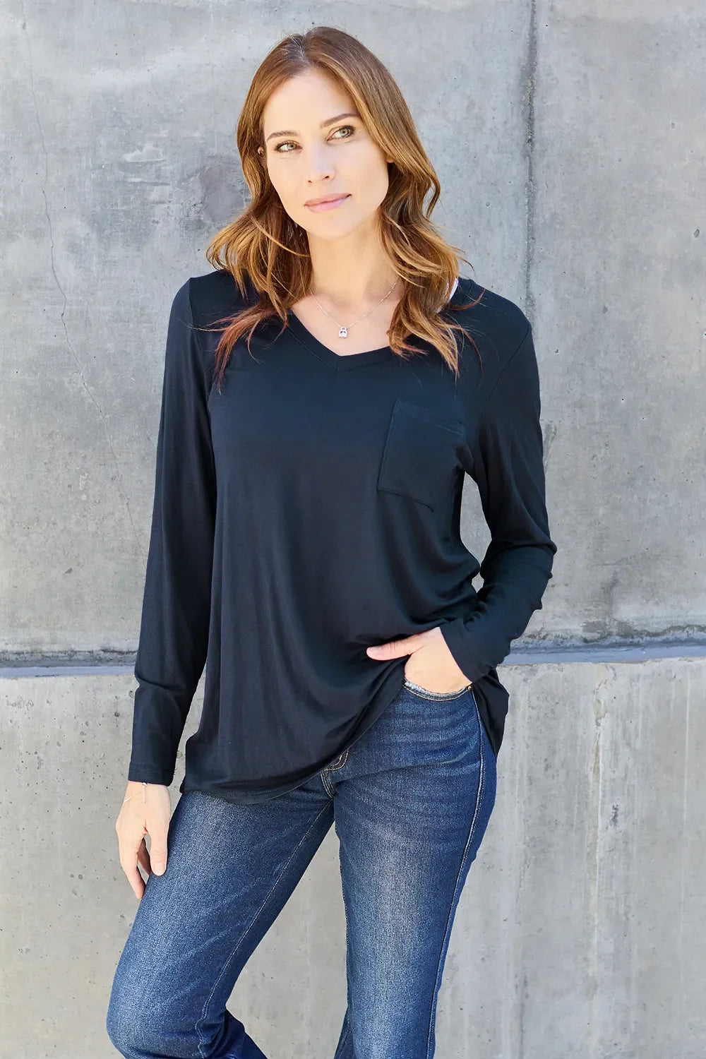 Essential V-Neck Long Sleeve Top in Full Size