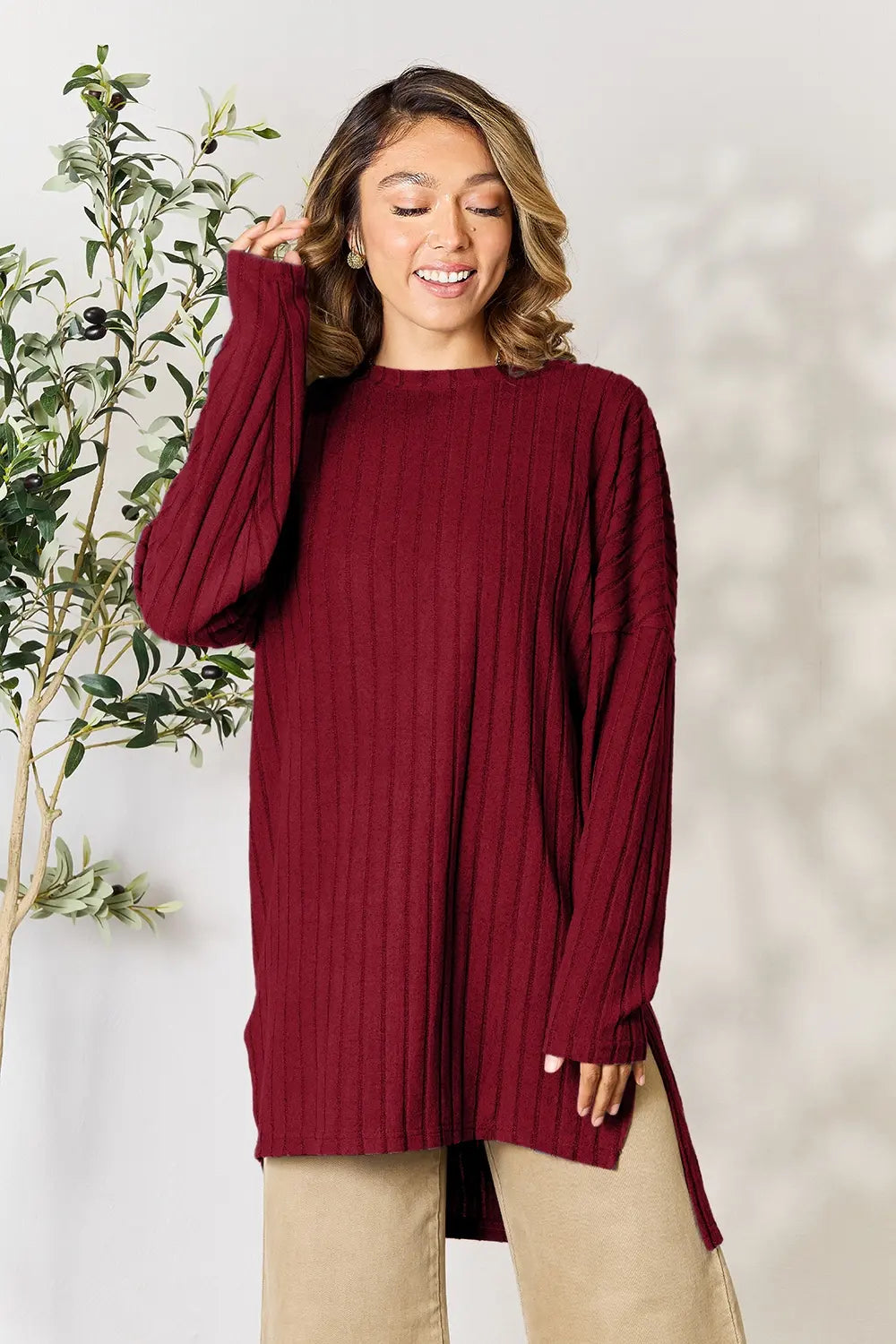 Basic Bae Full Size Ribbed round Neck Long Sleeve Slit Top