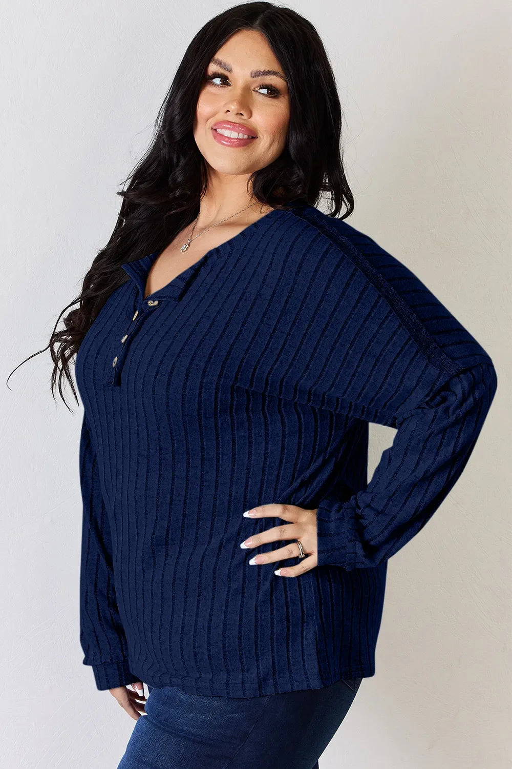 Ribbed Long Sleeve T-Shirt with Half Button Detail