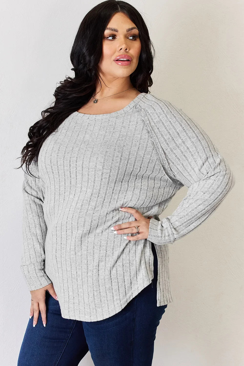 Basic Bae Full Size Ribbed round Neck Slit T-Shirt