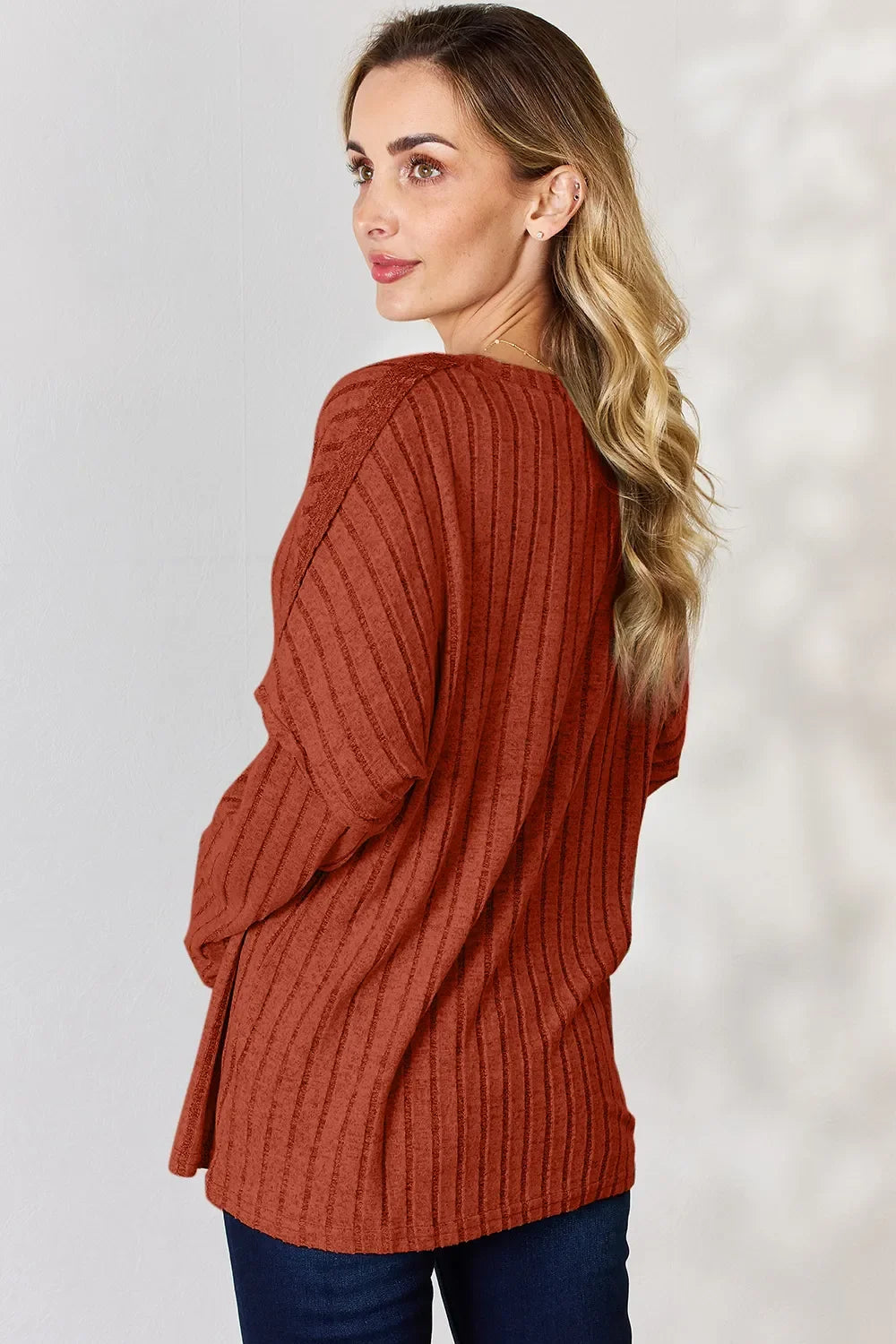 Ribbed Long Sleeve T-Shirt with Half Button Detail