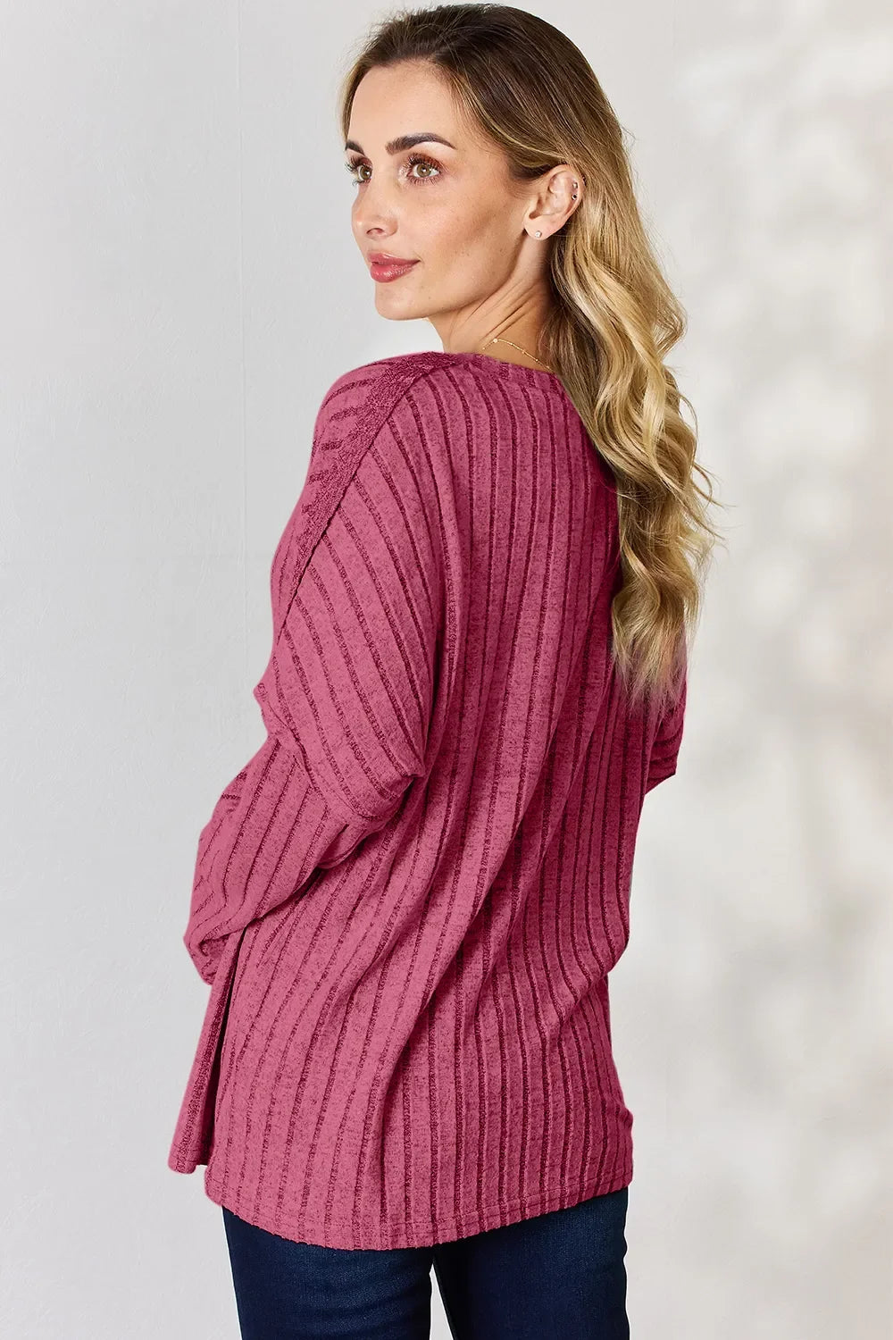 Ribbed Long Sleeve T-Shirt with Half Button Detail