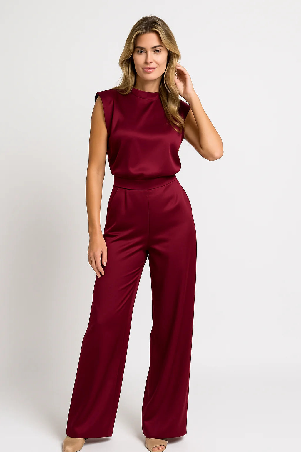 Catharina Women's Jumpsuit – Luxe Satin Finish, Sleeveless, Wide Leg, Open Back
