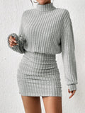 SHEIN French-Inspired Turtleneck Drop Shoulder Ruched Bodycon Dress in Textured Fabric for Winter Casual Wear