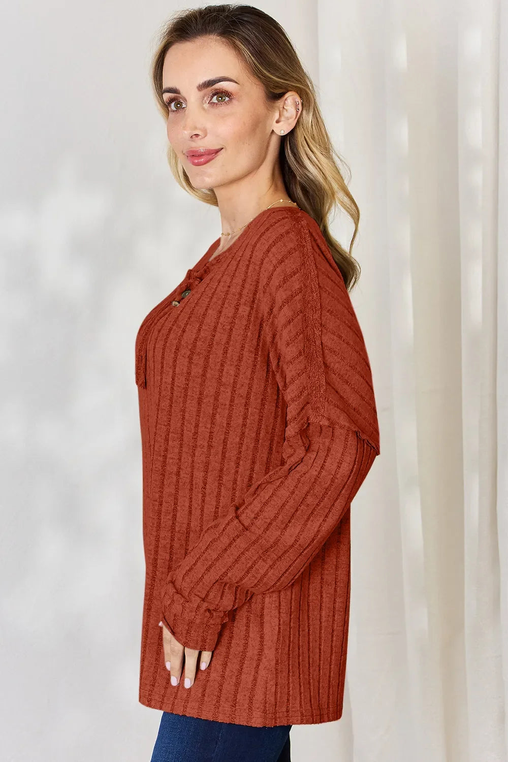 Ribbed Long Sleeve T-Shirt with Half Button Detail