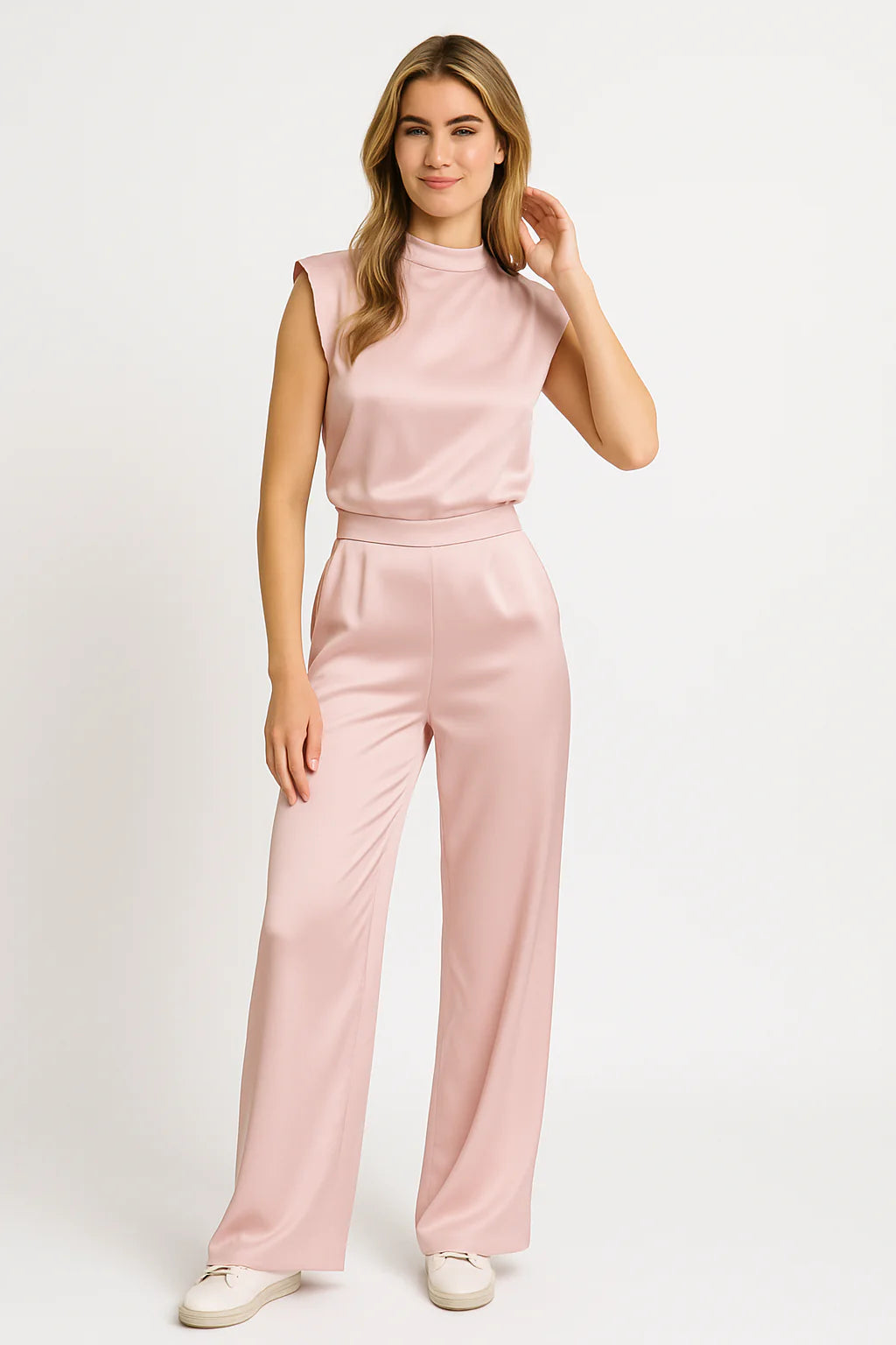 Catharina Women's Jumpsuit – Luxe Satin Finish, Sleeveless, Wide Leg, Open Back