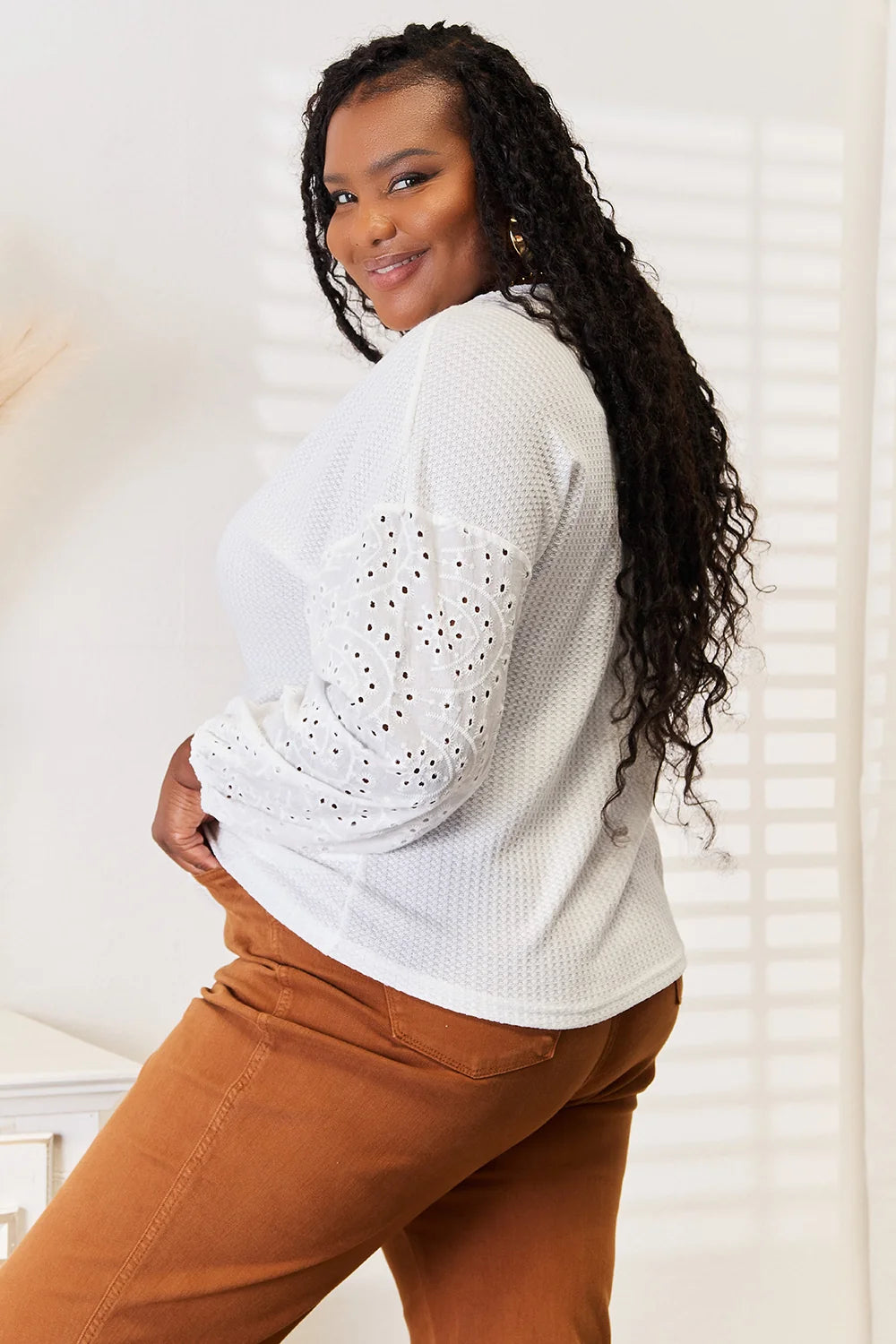 Shiny Eyelet Dropped Shoulder round Neck Blouse