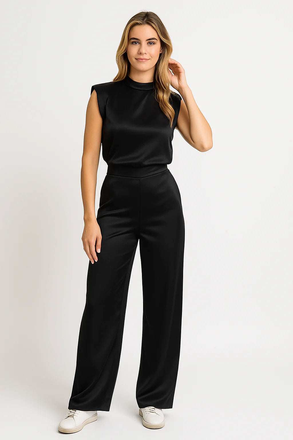 Catharina Women's Jumpsuit – Luxe Satin Finish, Sleeveless, Wide Leg, Open Back