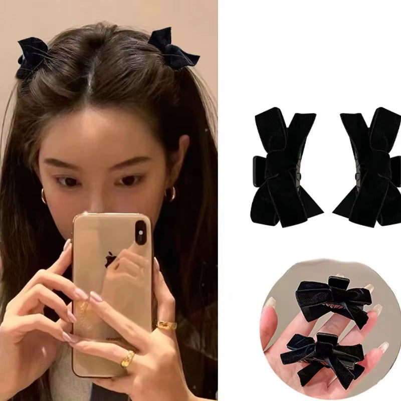 Set of 2 Black and Red Velvet Bowknot Hair Claw Clips - Korean-Inspired Hair Accessories for Styling and Bangs