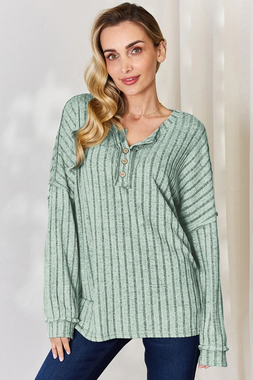 Ribbed Long Sleeve T-Shirt with Half Button Detail