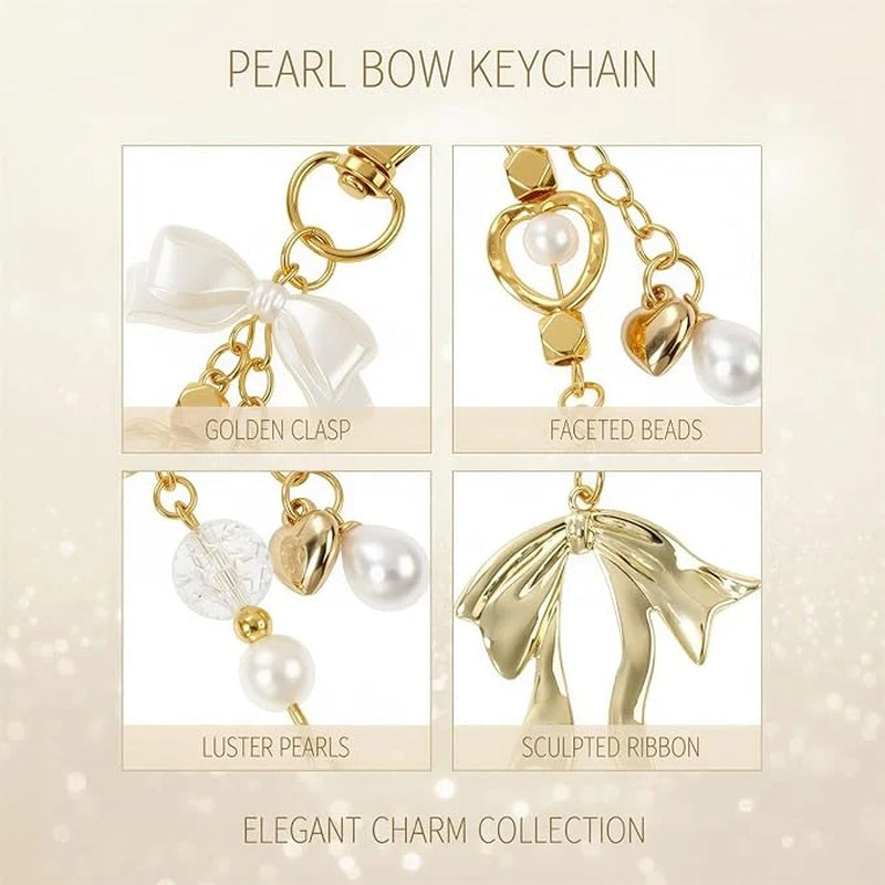 Set of 6 Gold Pearl Bow Keychains with Metal Charms and Organza Bags for Wedding and Bridal Shower Favors