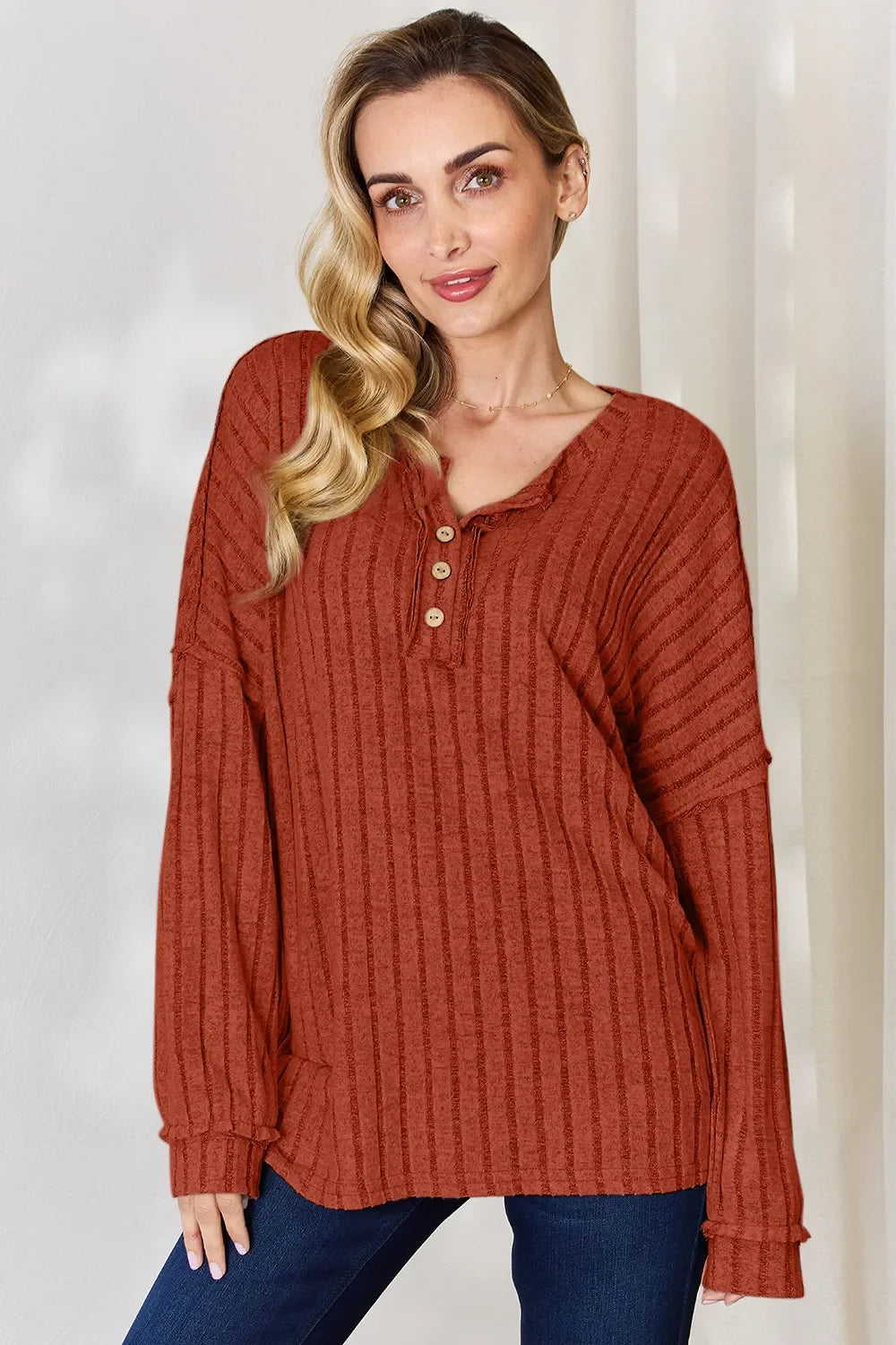 Ribbed Long Sleeve T-Shirt with Half Button Detail
